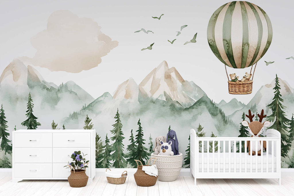 Hot Air Balloon Nursery Wall Mural – Forest Animals & Mountain Wallpaper – Gender Neutral Baby Room Decor – Peel and Stick or Non-Woven