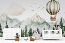 Load image into Gallery viewer, Hot Air Balloon Nursery Wall Mural – Forest Animals &amp; Mountain Wallpaper – Gender Neutral Baby Room Decor – Peel and Stick or Non-Woven