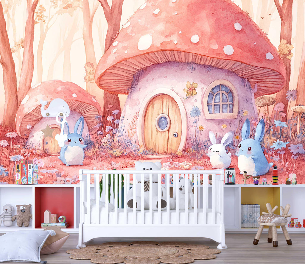 Fairy Tale Mushroom House Wall Mural – Bunny Forest Kids Wallpaper – Pink & Red Woodland Nursery Mural – Peel and Stick or Non-Woven