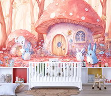 Load image into Gallery viewer, Fairy Tale Mushroom House Wall Mural – Bunny Forest Kids Wallpaper – Pink &amp; Red Woodland Nursery Mural – Peel and Stick or Non-Woven