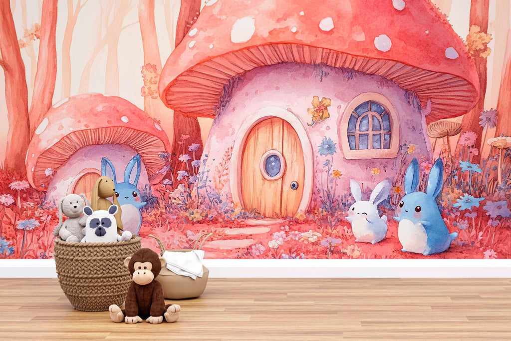 Fairy Tale Mushroom House Wall Mural – Bunny Forest Kids Wallpaper – Pink & Red Woodland Nursery Mural – Peel and Stick or Non-Woven