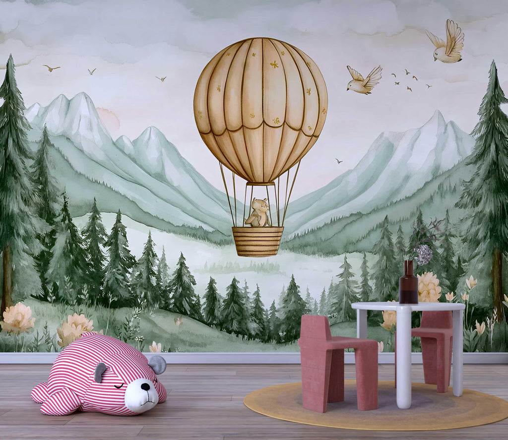 Beige Hot Air Balloon Bear Wall Mural – Gender Neutral Nursery Wallpaper – Forest Mountains Baby Room Decor – Peel and Stick or Non-Woven