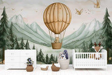 Load image into Gallery viewer, Beige Hot Air Balloon Bear Wall Mural – Gender Neutral Nursery Wallpaper – Forest Mountains Baby Room Decor – Peel and Stick or Non-Woven