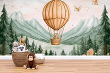 Load image into Gallery viewer, Beige Hot Air Balloon Bear Wall Mural – Gender Neutral Nursery Wallpaper – Forest Mountains Baby Room Decor – Peel and Stick or Non-Woven