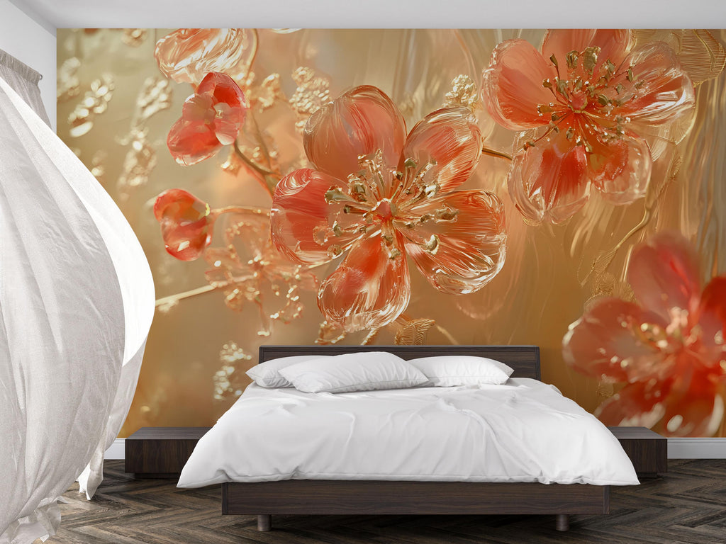 3D Glass Flower Wall Mural - Luxury Floral Textured Art for Modern Home Decor - Birthday & Holiday Gift