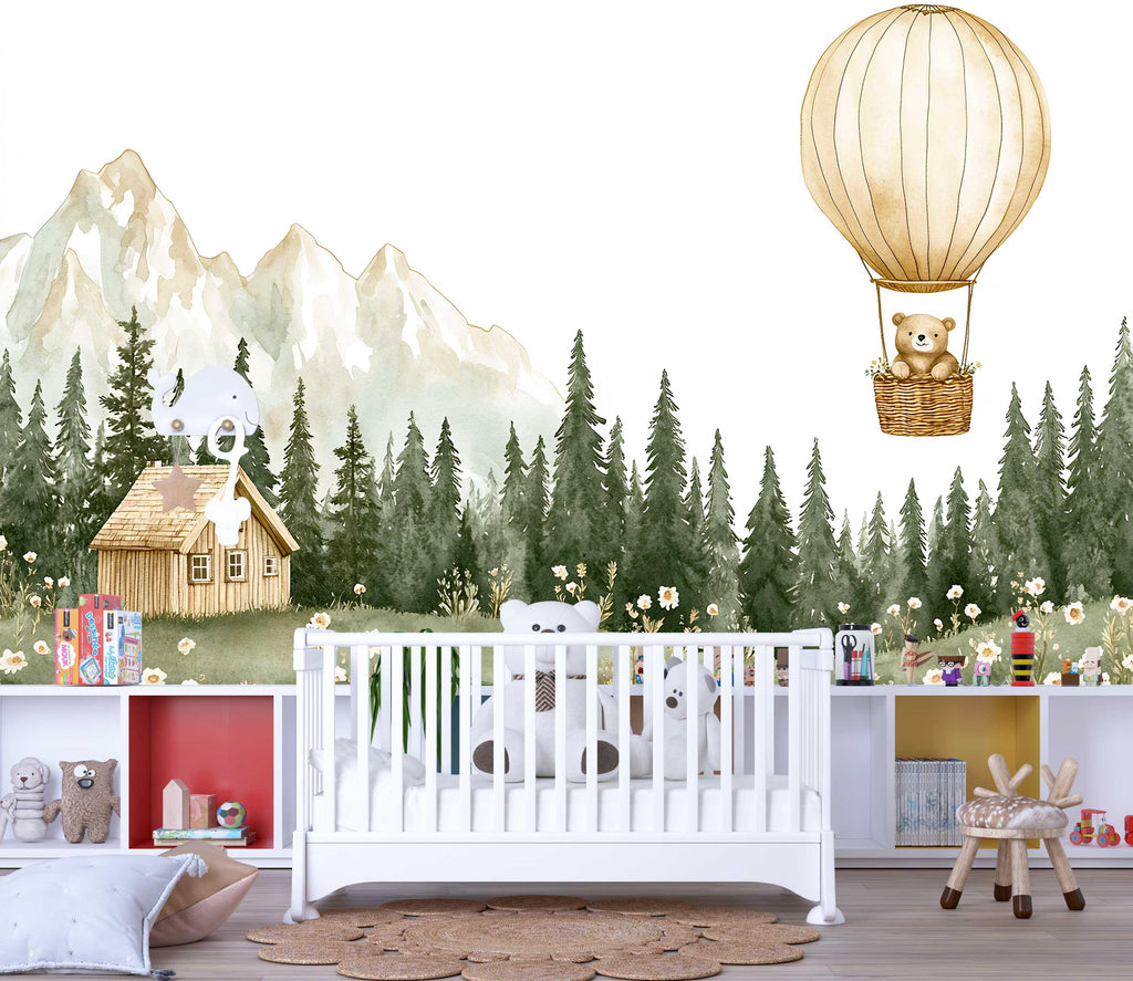 Hot Air Balloon Bear Wall Mural – Forest Cottage Baby Nursery Wallpaper – Gender Neutral Mountain Mural – Peel and Stick or Non-Woven