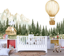 Load image into Gallery viewer, Hot Air Balloon Bear Wall Mural – Forest Cottage Baby Nursery Wallpaper – Gender Neutral Mountain Mural – Peel and Stick or Non-Woven