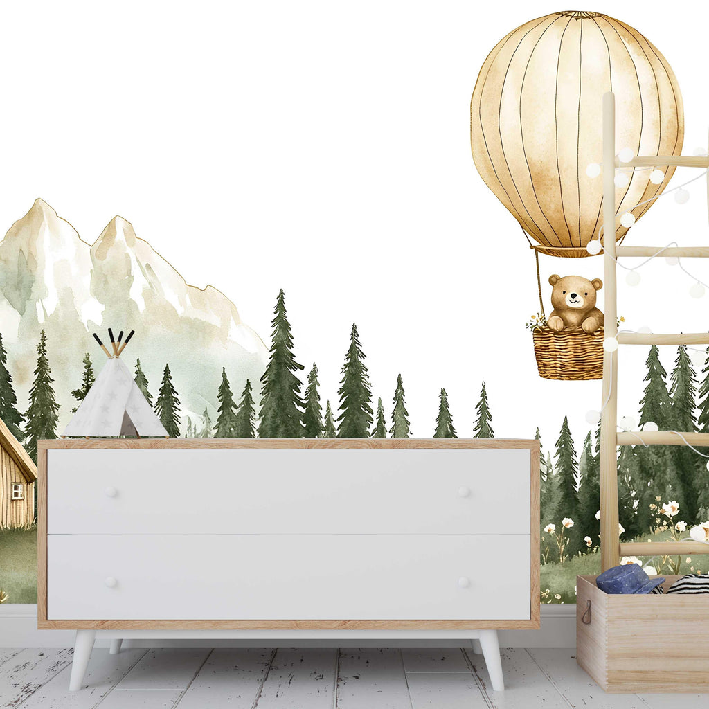 Hot Air Balloon Bear Wall Mural – Forest Cottage Baby Nursery Wallpaper – Gender Neutral Mountain Mural – Peel and Stick or Non-Woven