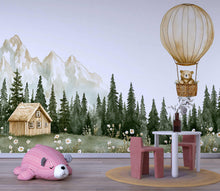Load image into Gallery viewer, Hot Air Balloon Bear Wall Mural – Forest Cottage Baby Nursery Wallpaper – Gender Neutral Mountain Mural – Peel and Stick or Non-Woven