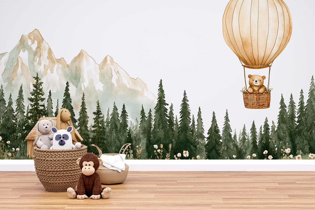 Hot Air Balloon Bear Wall Mural – Forest Cottage Baby Nursery Wallpaper – Gender Neutral Mountain Mural – Peel and Stick or Non-Woven