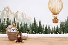 Load image into Gallery viewer, Hot Air Balloon Bear Wall Mural – Forest Cottage Baby Nursery Wallpaper – Gender Neutral Mountain Mural – Peel and Stick or Non-Woven