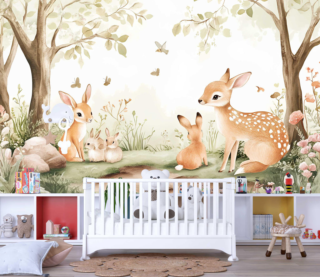 Woodland Deer Bunny Wall Mural – Forest Animal Nursery Wallpaper – Gender Neutral Watercolor Baby Room Decor – Peel and Stick or Non-Woven
