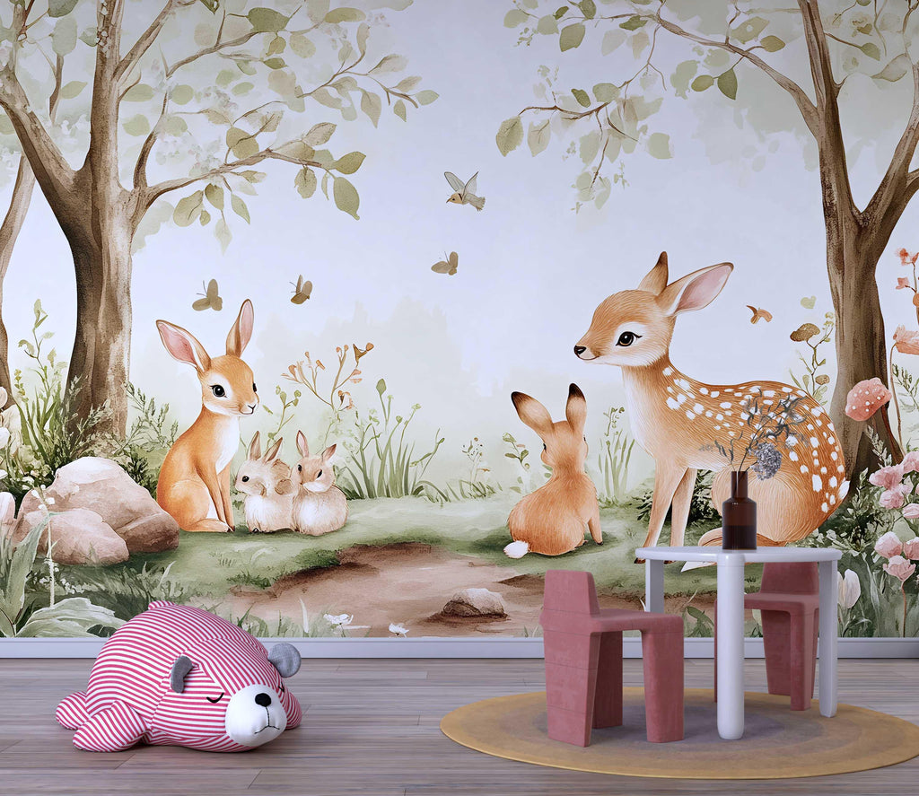 Woodland Deer Bunny Wall Mural – Forest Animal Nursery Wallpaper – Gender Neutral Watercolor Baby Room Decor – Peel and Stick or Non-Woven