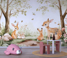 Load image into Gallery viewer, Woodland Deer Bunny Wall Mural – Forest Animal Nursery Wallpaper – Gender Neutral Watercolor Baby Room Decor – Peel and Stick or Non-Woven