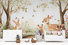 Load image into Gallery viewer, Woodland Deer Bunny Wall Mural – Forest Animal Nursery Wallpaper – Gender Neutral Watercolor Baby Room Decor – Peel and Stick or Non-Woven