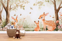Load image into Gallery viewer, Woodland Deer Bunny Wall Mural – Forest Animal Nursery Wallpaper – Gender Neutral Watercolor Baby Room Decor – Peel and Stick or Non-Woven