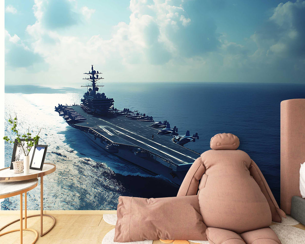 Aircraft Carrier Wall Mural – Navy Warship Ocean Wallpaper – Military Themed Room Decor – Boys Bedroom or Game Room – Peel and Stick