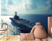Load image into Gallery viewer, Aircraft Carrier Wall Mural – Navy Warship Ocean Wallpaper – Military Themed Room Decor – Boys Bedroom or Game Room – Peel and Stick