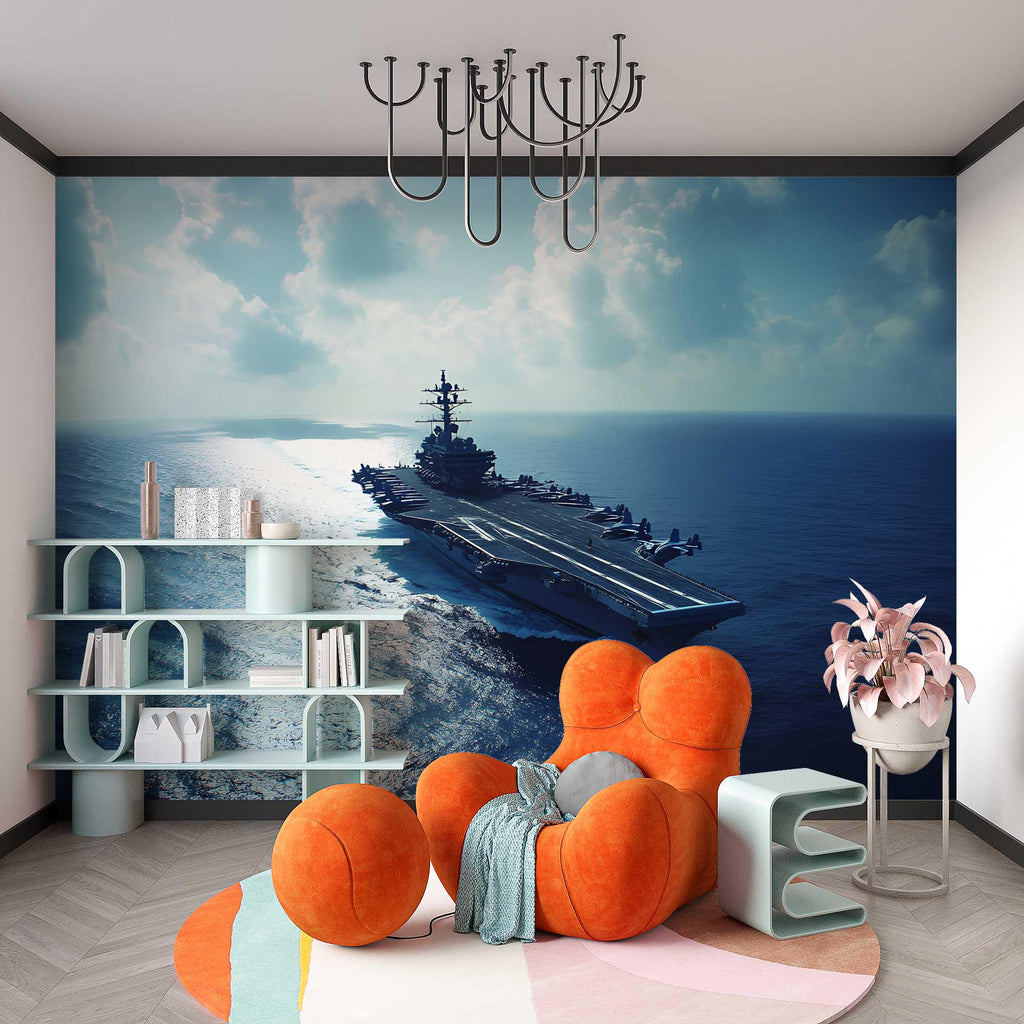 Aircraft Carrier Wall Mural – Navy Warship Ocean Wallpaper – Military Themed Room Decor – Boys Bedroom or Game Room – Peel and Stick