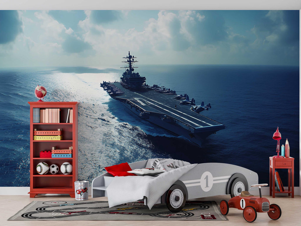 Aircraft Carrier Wall Mural – Navy Warship Ocean Wallpaper – Military Themed Room Decor – Boys Bedroom or Game Room – Peel and Stick