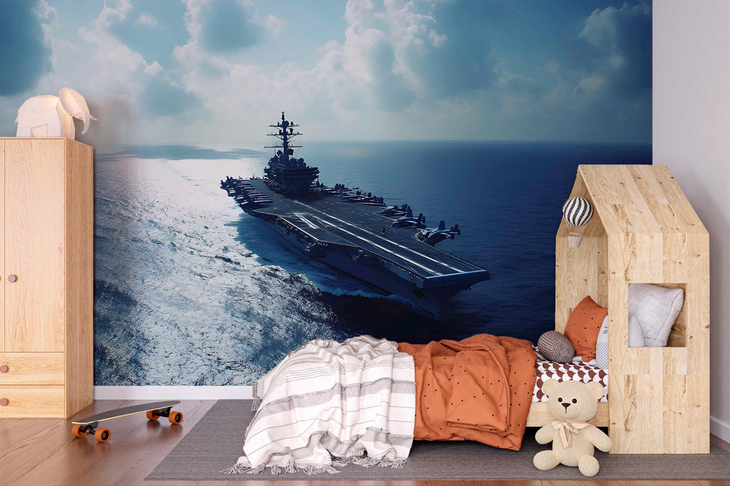 Aircraft Carrier Wall Mural – Navy Warship Ocean Wallpaper – Military Themed Room Decor – Boys Bedroom or Game Room – Peel and Stick