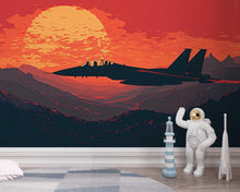 Load image into Gallery viewer, Fighter Jet Sunset Wall Mural – Boys Bedroom Military Plane Wallpaper – Red Sky Aviation Mural – Peel and Stick or Non-Woven Wallpaper