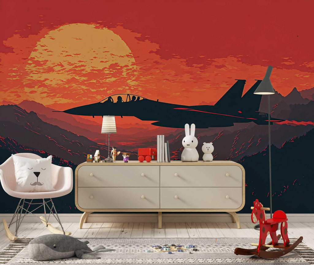 Fighter Jet Sunset Wall Mural – Boys Bedroom Military Plane Wallpaper – Red Sky Aviation Mural – Peel and Stick or Non-Woven Wallpaper