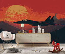 Load image into Gallery viewer, Fighter Jet Sunset Wall Mural – Boys Bedroom Military Plane Wallpaper – Red Sky Aviation Mural – Peel and Stick or Non-Woven Wallpaper