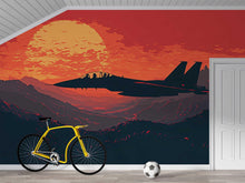 Load image into Gallery viewer, Fighter Jet Sunset Wall Mural – Boys Bedroom Military Plane Wallpaper – Red Sky Aviation Mural – Peel and Stick or Non-Woven Wallpaper