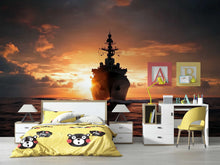 Load image into Gallery viewer, Sunset Battleship Wall Mural – Navy Warship Ocean Wallpaper – Military Room Decor for Boys or Teens – Peel and Stick or Non-Woven Mural