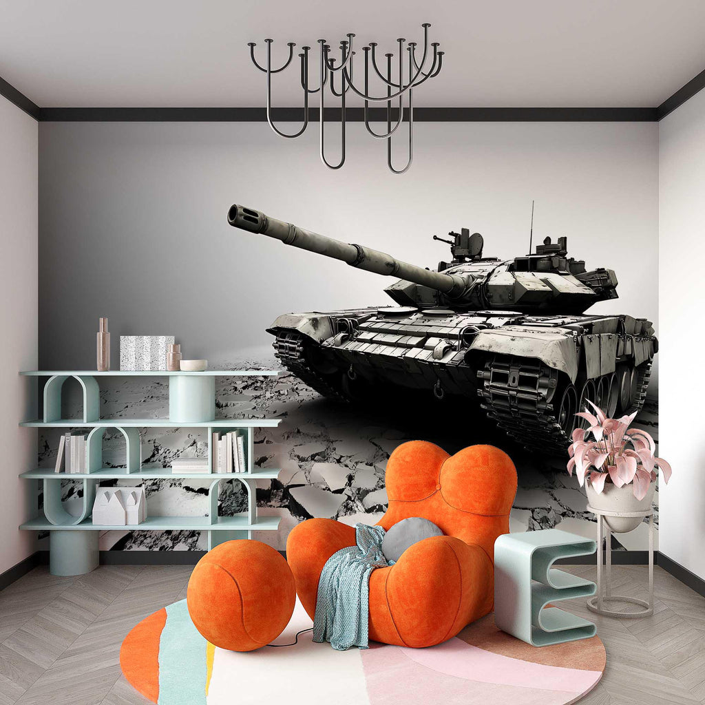 Realistic Tank Wall Mural – Military Themed Boys Room Wallpaper – Army Vehicle Wall Art – Peel and Stick or Non-Woven Mural