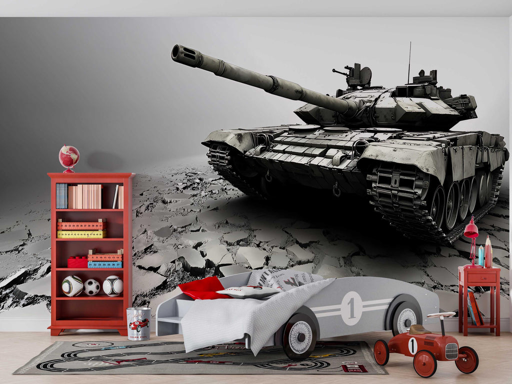 Realistic Tank Wall Mural – Military Themed Boys Room Wallpaper – Army Vehicle Wall Art – Peel and Stick or Non-Woven Mural