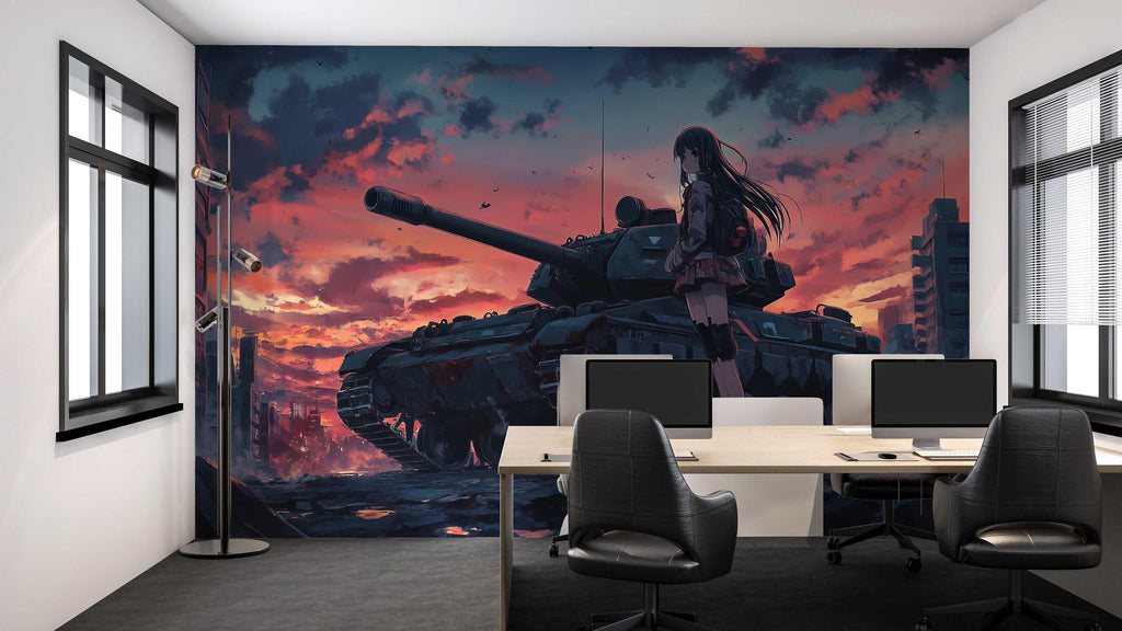 Anime Girl and Tank Wall Mural – Military Anime Room Decor – Dark Sunset Anime Wallpaper – Teen Gaming Room – Peel and Stick or Non-Woven