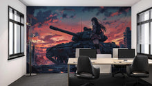 Load image into Gallery viewer, Anime Girl and Tank Wall Mural – Military Anime Room Decor – Dark Sunset Anime Wallpaper – Teen Gaming Room – Peel and Stick or Non-Woven