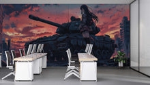 Load image into Gallery viewer, Anime Girl and Tank Wall Mural – Military Anime Room Decor – Dark Sunset Anime Wallpaper – Teen Gaming Room – Peel and Stick or Non-Woven