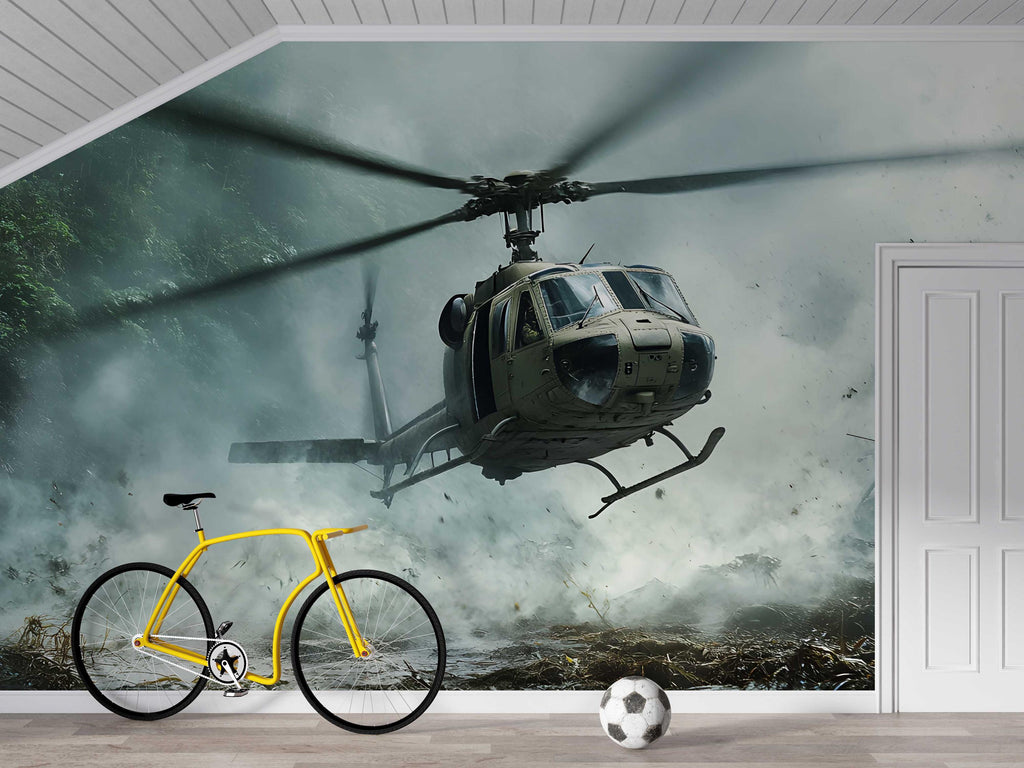 Military Helicopter Wall Mural – Jungle Huey Combat Scene – Army Aviation Room Decor – Teen Boys Bedroom – Peel and Stick or Non-Woven
