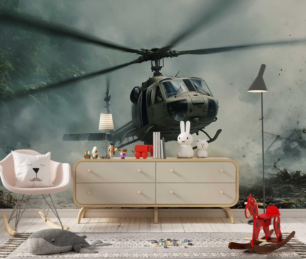Military Helicopter Wall Mural – Jungle Huey Combat Scene – Army Aviation Room Decor – Teen Boys Bedroom – Peel and Stick or Non-Woven