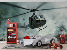 Load image into Gallery viewer, Military Helicopter Wall Mural – Jungle Huey Combat Scene – Army Aviation Room Decor – Teen Boys Bedroom – Peel and Stick or Non-Woven