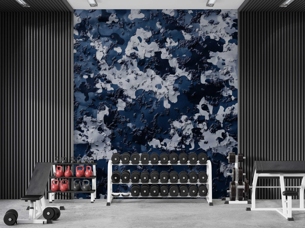Blue Camo Wall Mural – Urban Digital Camouflage Wallpaper – Industrial Office or Gaming Room Decor – Peel and Stick or Non-Woven