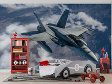 Load image into Gallery viewer, Fighter Jet Wall Mural – Military Aircraft Flying Over Mountains – Aviation Decor for Boys Room – Peel and Stick or Non-Woven Wallpaper