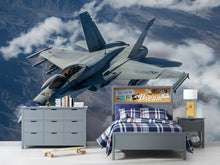 Load image into Gallery viewer, Fighter Jet Wall Mural – Military Aircraft Flying Over Mountains – Aviation Decor for Boys Room – Peel and Stick or Non-Woven Wallpaper