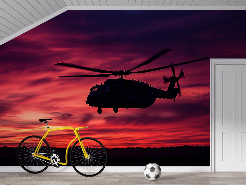 Military Helicopter Sunset Wall Mural – Black Hawk Silhouette Wallpaper – Army Aviation Decor – Peel and Stick or Non-Woven