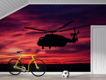 Load image into Gallery viewer, Military Helicopter Sunset Wall Mural – Black Hawk Silhouette Wallpaper – Army Aviation Decor – Peel and Stick or Non-Woven