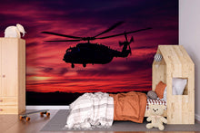 Load image into Gallery viewer, Military Helicopter Sunset Wall Mural – Black Hawk Silhouette Wallpaper – Army Aviation Decor – Peel and Stick or Non-Woven