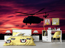 Load image into Gallery viewer, Military Helicopter Sunset Wall Mural – Black Hawk Silhouette Wallpaper – Army Aviation Decor – Peel and Stick or Non-Woven