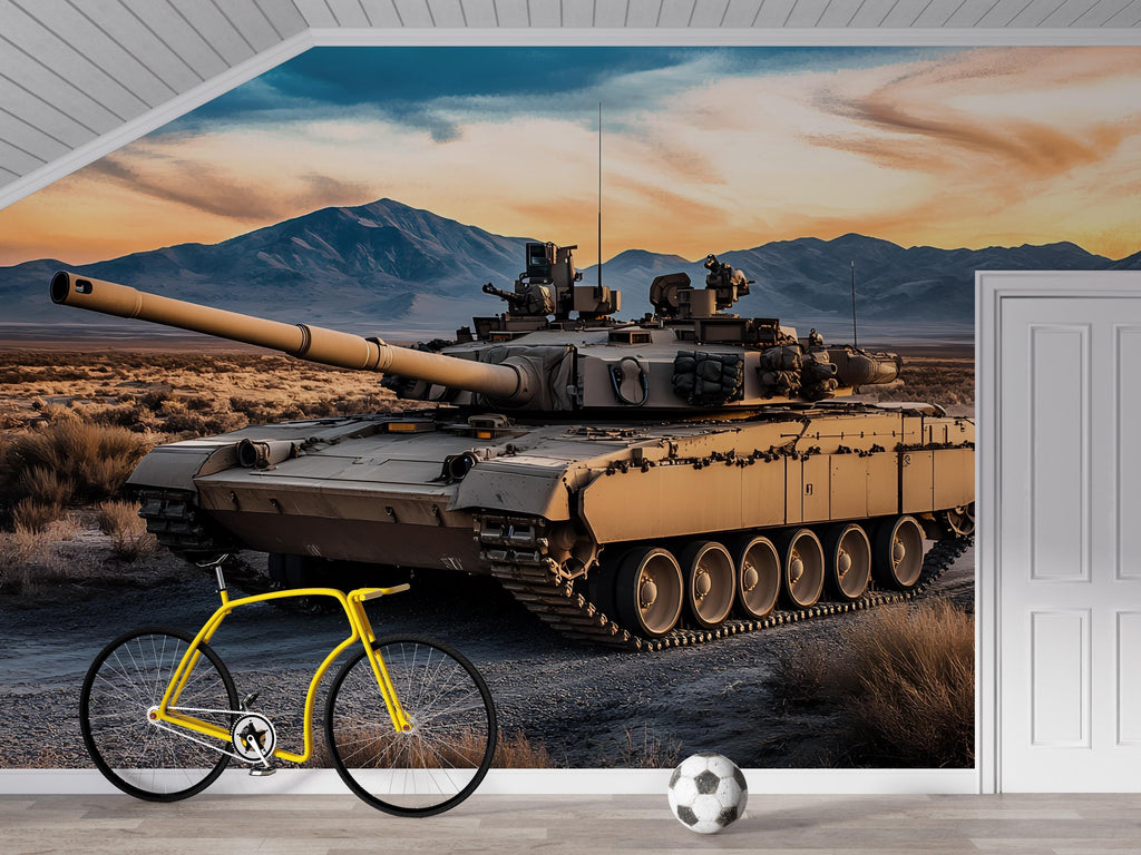 Desert Tank Wall Mural – Realistic Army Tank Wallpaper – Military Boys Room Decor – Peel and Stick or Non-Woven Mural