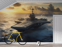 Load image into Gallery viewer, Aircraft Carrier Wall Mural – Navy Warship at Sunrise Wallpaper – Military Boys Room Decor – Peel and Stick or Non-Woven Mural