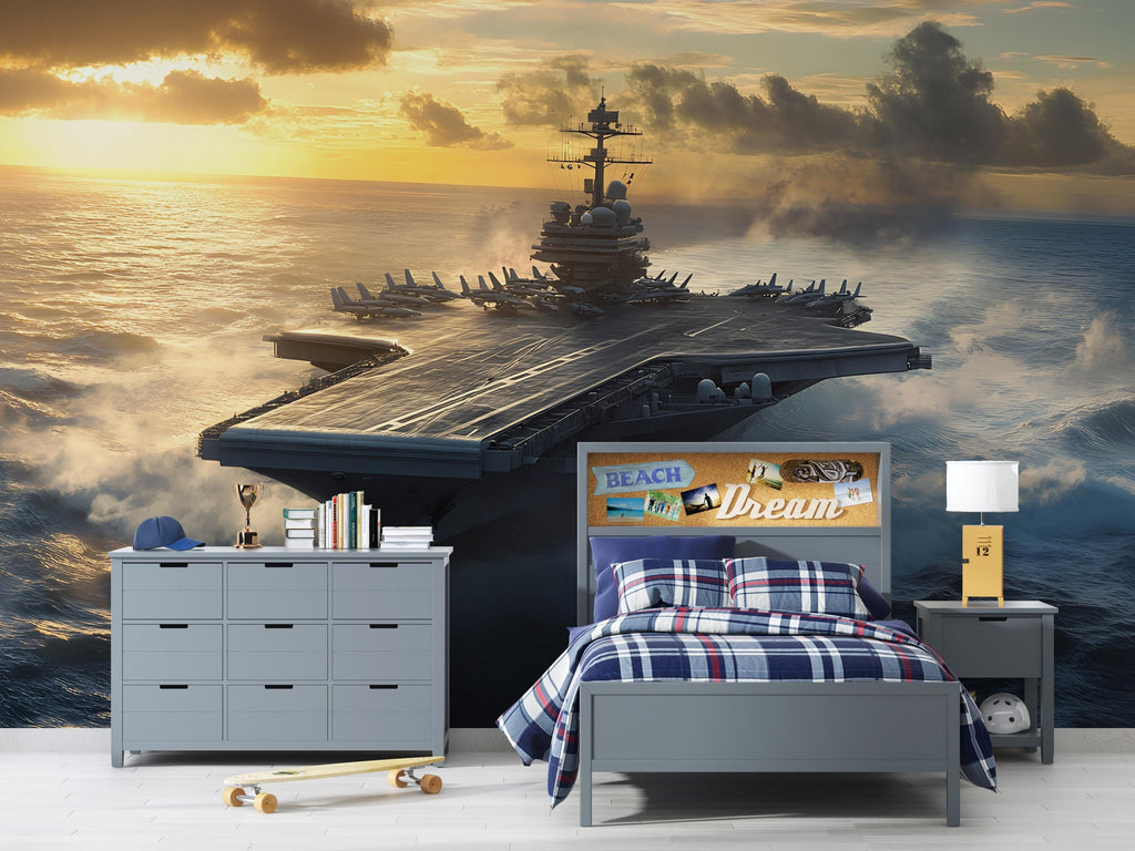 Aircraft Carrier Wall Mural – Navy Warship at Sunrise Wallpaper – Military Boys Room Decor – Peel and Stick or Non-Woven Mural