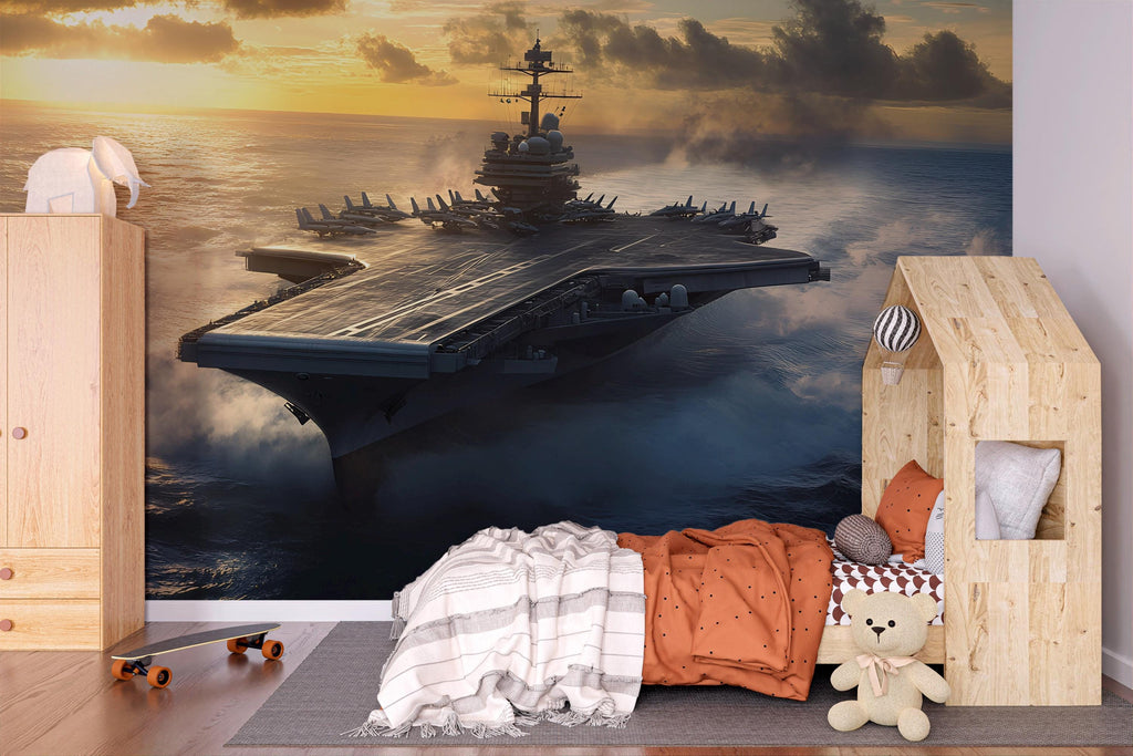 Aircraft Carrier Wall Mural – Navy Warship at Sunrise Wallpaper – Military Boys Room Decor – Peel and Stick or Non-Woven Mural