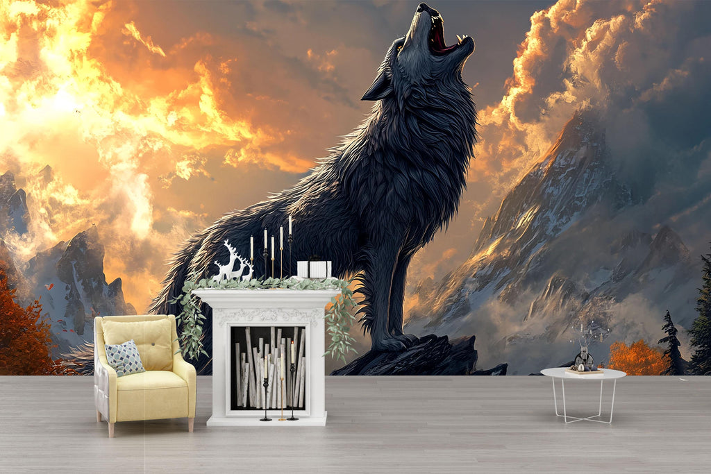 3D Wolf Howling Wall Mural - Majestic Mountain Landscape Art - Modern Home Decor Gift